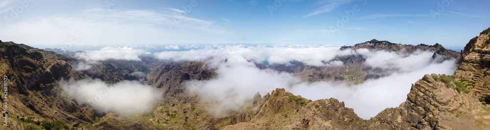 epic panorama cloud inversion in valleys on Santo Santo Antão, Cape Verde, hiking paradise