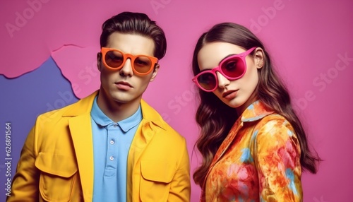 Stylish man and woman wearing sunglasses, vibrant colours