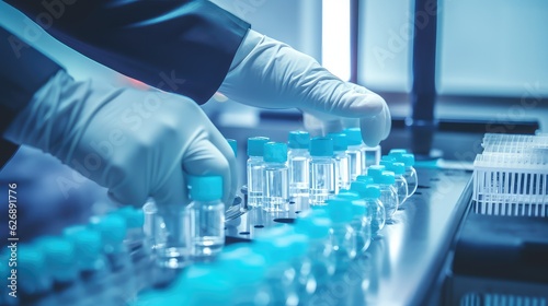 hand with sanitary gloves check Medical vials on production line at pharmaceutical factory, Generative AI