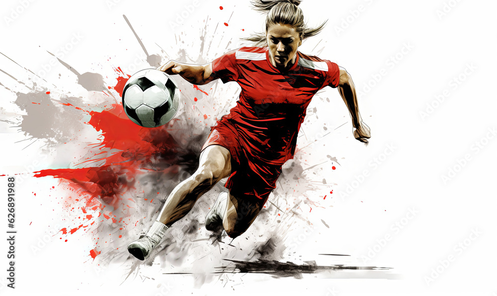 Abstract soccer action image of a female football player. Colorful painted illustration