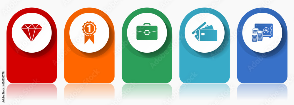 Shopping icon set, miscellaneous vector icons such as diamond, badge, case, credit card and money, modern design infographic template, web buttons in 5 color options Shopping icon set, miscellaneous vector icons such as diamond, badge, case, credit card and money, modern design infographic template, web buttons in 5 color options