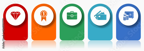 Shopping icon set, miscellaneous vector icons such as diamond, badge, case, credit card and money, modern design infographic template, web buttons in 5 color options