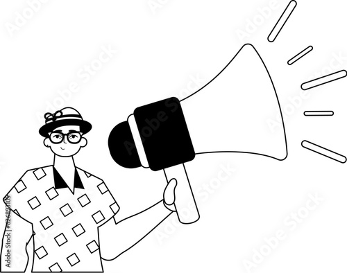 The guy is holding a bullhorn . hour concept . black and White linear style. Trendy style, Vector Illustration