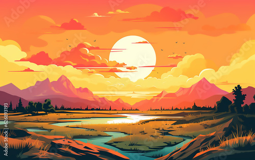 Colorful landscape background with river. Sunset in mountains. Generative AI technology