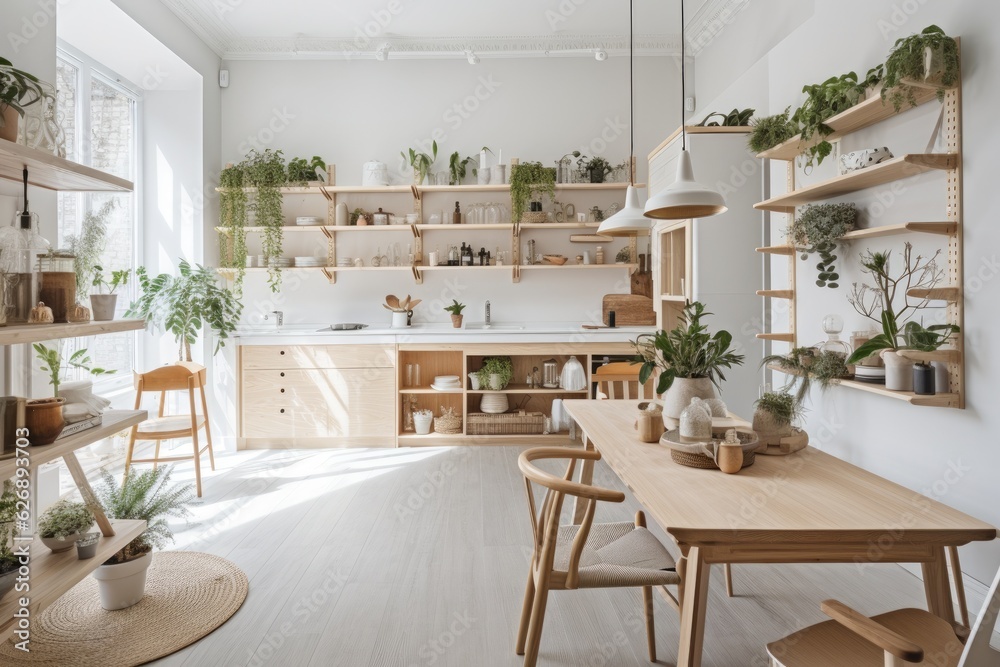 Interior of a modern, chic, light filled Scandinavian style home with open shelves. Inside a loft. Generative AI