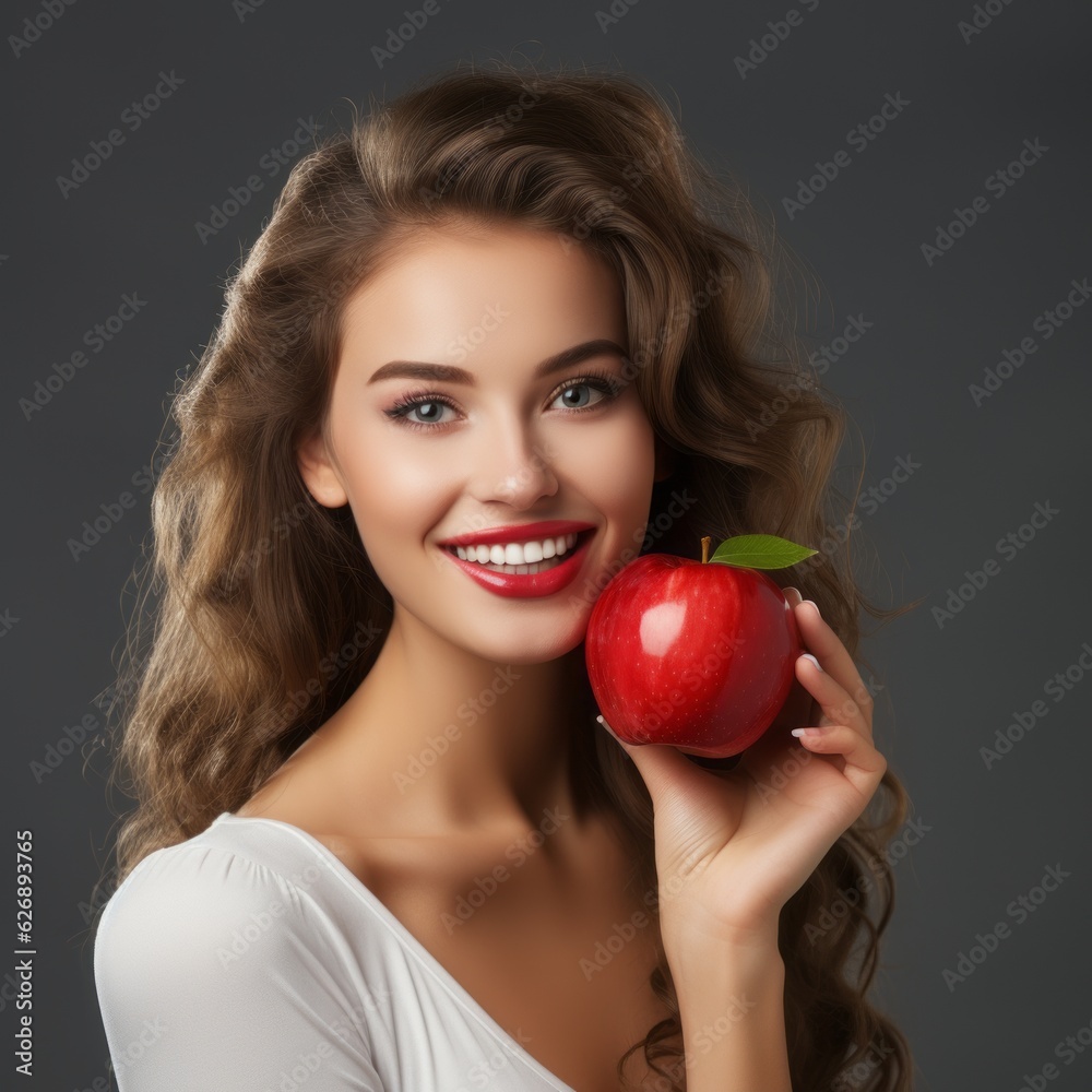 Portrait of a beautiful young smiling girl with red apple in hand on dark background. Concept of healthy fruit nutrition. Smiling young woman with red apple, studio shot. People and healthy nutrition Portrait of a beautiful young smiling girl with red apple in hand on dark background. Concept of healthy fruit nutrition. Smiling young woman with red apple, studio shot. People and healthy nutrition