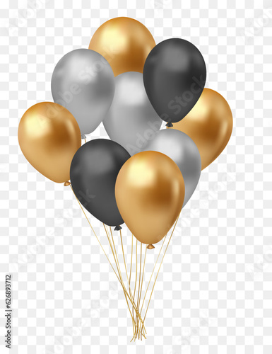 bunch of realistic transparent, golden, silver, black ballons, ribbons, serpentine, confetti. Vector illustration.