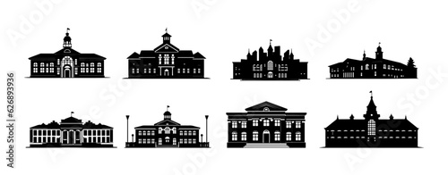 Fototapeta Naklejka Na Ścianę i Meble -  Silhouette of scholl building isolated on white background. Architecture college or university symbol vector illustration