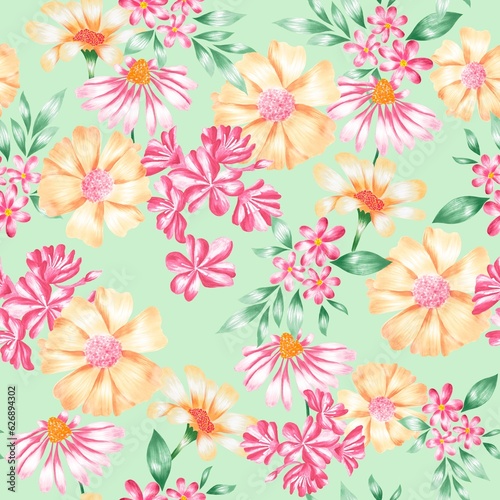 Watercolor Flowers Pattern, pink and yellow elements, green background, seamless © Leticia Back
