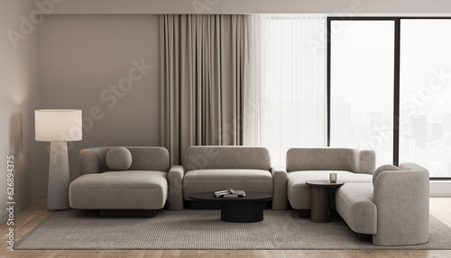 Wooden beige livingroom interior with empty mockup wall and couch with lamp. Minimalism Japanese natural room on parquet floor. Window with countryside. 3d rendering. High quality 3d illustration