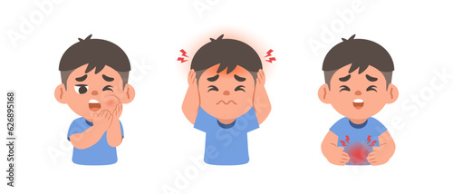 a Asian boy has a toothache, headache, stomachache. illustration cartoon character vector design on white background. kid and health care concept.