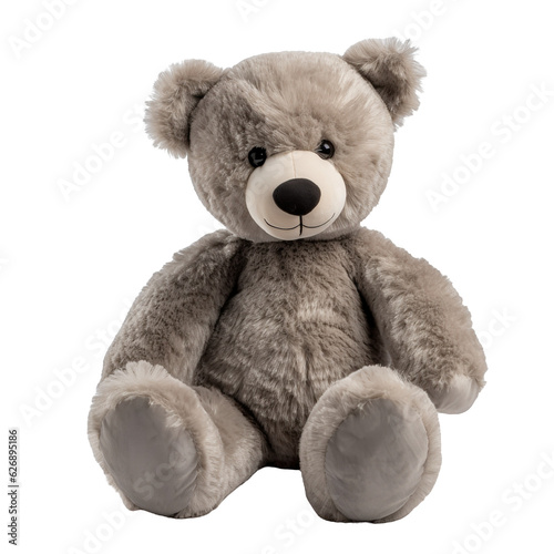 Soft teddy bear of gray color on a white background. Children's toy. 