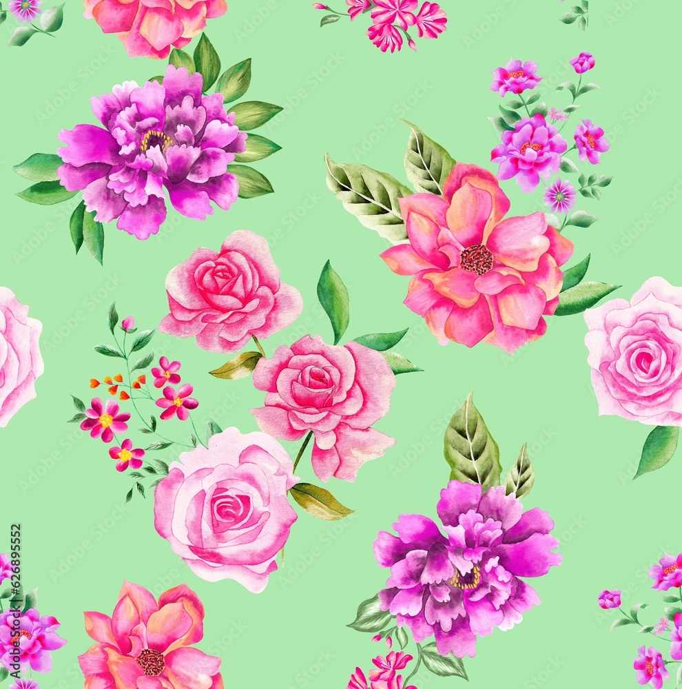 Watercolor Flowers Pattern, purple and pink elements, green background, seamless