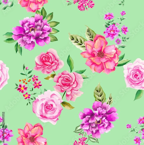 Watercolor Flowers Pattern, purple and pink elements, green background, seamless
