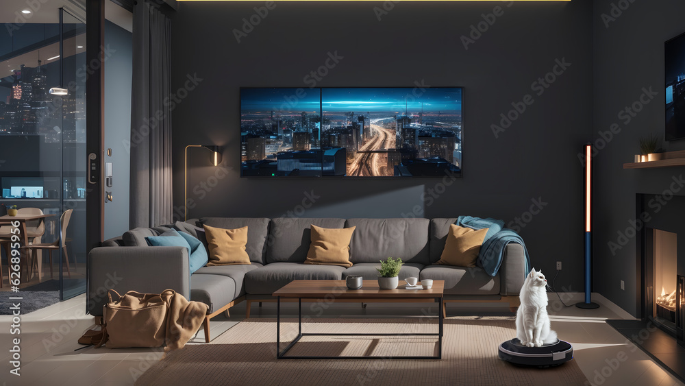 Smart home technology in a futuristic design setting at night, Generative AI Smart home technology in a futuristic design setting at night, Generative AI