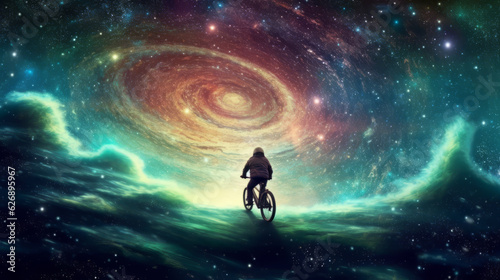 A man wearing a helmet riding his bicycle in outer space on a metaphysical psychedelic journey. Generative AI