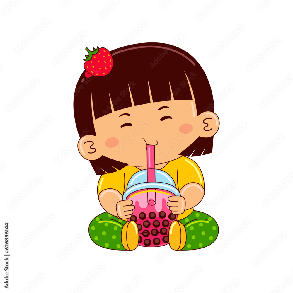 girl kids drinking iced bubble strawberry tea girl kids drinking iced bubble strawberry tea