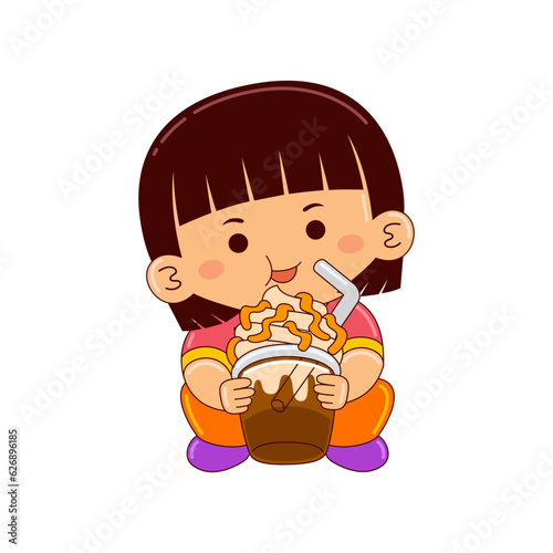 girl kids drinking iced caramel macchiato