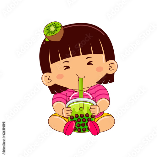 girl kids drinking iced kiwi bubble tea