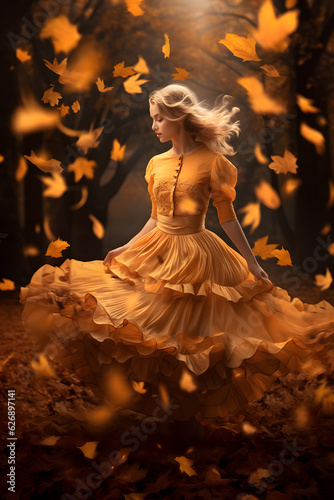 Young woman in beautiful layered orange dress dancing among flying autumn leaves in the park. Fall season artistic image.  © eshana_blue