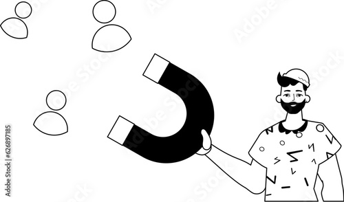 The derision is holding a draw poster that attracts topic . hour concept . black and ashen linear stylus. Trendy style, Vector Illustration