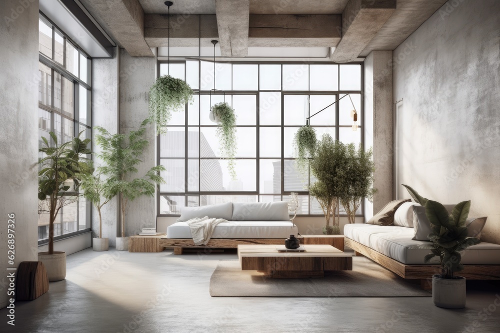 Fototapeta premium Interior Scene and Mockup, industrial style living room with white wood decorated walls. Generative AI