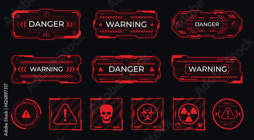 Modern futuristic danger message. Red frame template. Pop-ups with a warning signal. Vector illustration