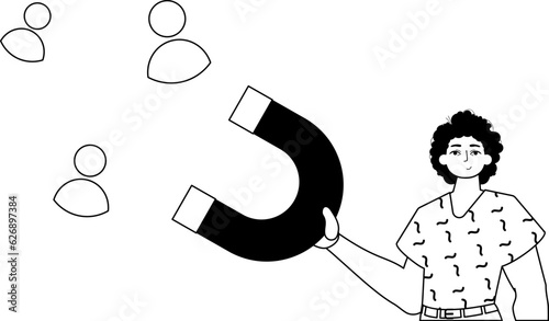 The derision is holding a attract post horse that attracts subject . hour concept . blacken and ashen linear stylus. Trendy style, Vector Illustration
