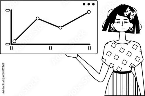The female child holds a graph of growth with positive dynamics . black and White analogue style. Trendy style, Vector Illustration