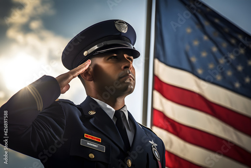 Tela A officer in a uniform saluting in front of a USA flag under blue sky