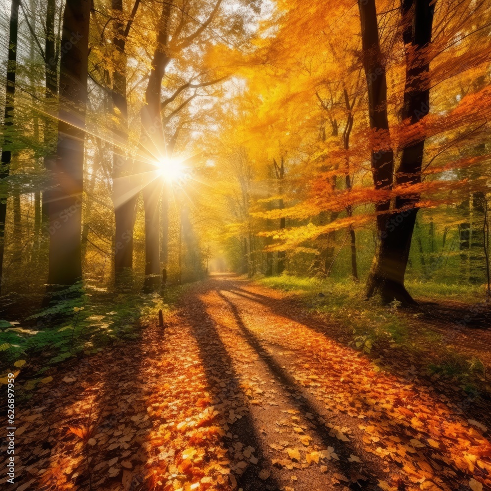 Autumn forest nature. Scenery of nature with sunlight.