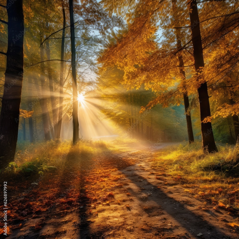 Autumn forest nature. Scenery of nature with sunlight.