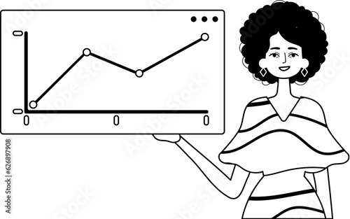 The female child holds a graph of increase with positive moral impel . black and white analogue stylus. Trendy style, Vector Illustration