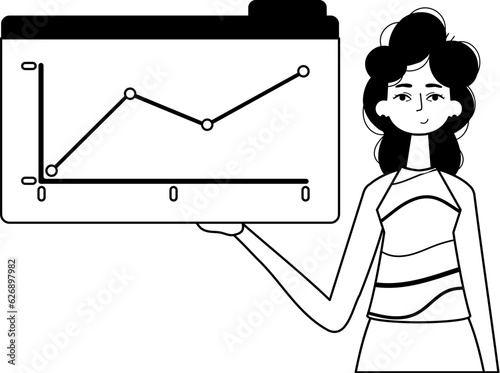 The female child holds a graph of addition with cocksure moral impel . black and White analogue stylus. Trendy style, Vector Illustration