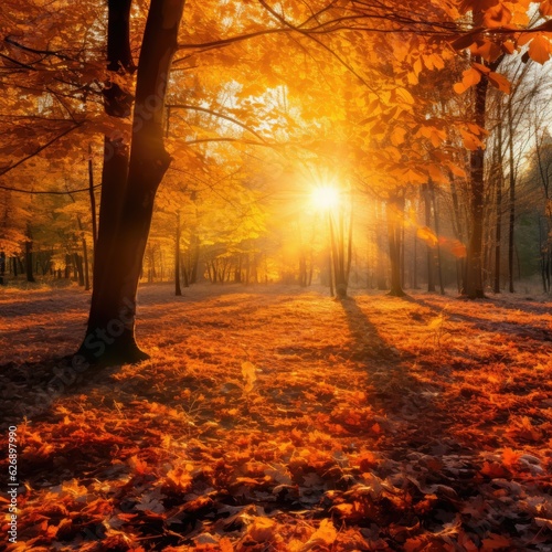 Autumn forest nature. Scenery of nature with sunlight. © Simona