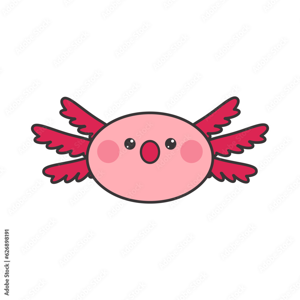 Fototapeta premium Kawaii surprised axolotl sticker. Cute flat vector pink character isolated on white background, unhappy axolotl, amphibian head.