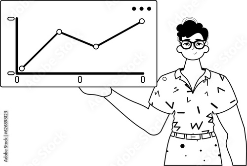 The guy holds a graph of growth with positive dynamics . black and white linear style. Trendy style, Vector Illustration