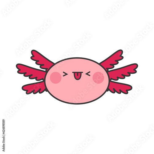 Kawaii displeased axolotl sticker. Cute flat vector pink character isolated on white background  axolotl stuck out tongue  amphibian head.