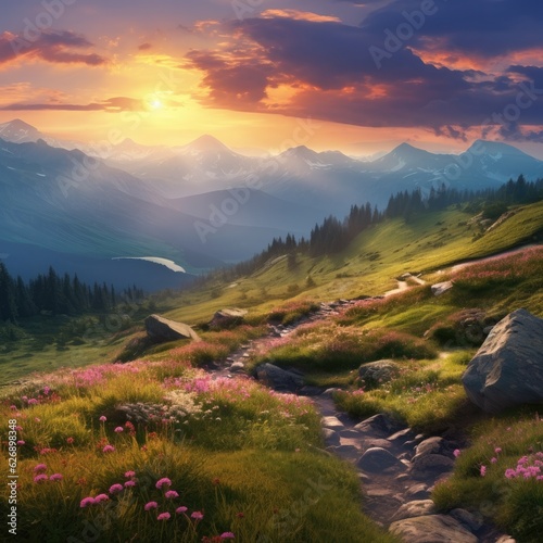 Mountains during sunset. Beautiful natural landscape in the summertime.