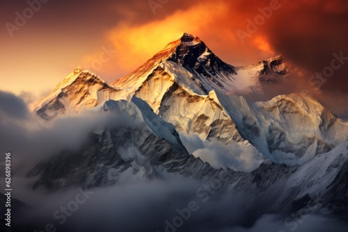 Evening view of mountain during a snow storm. Beautiful illustration picture. Generative AI