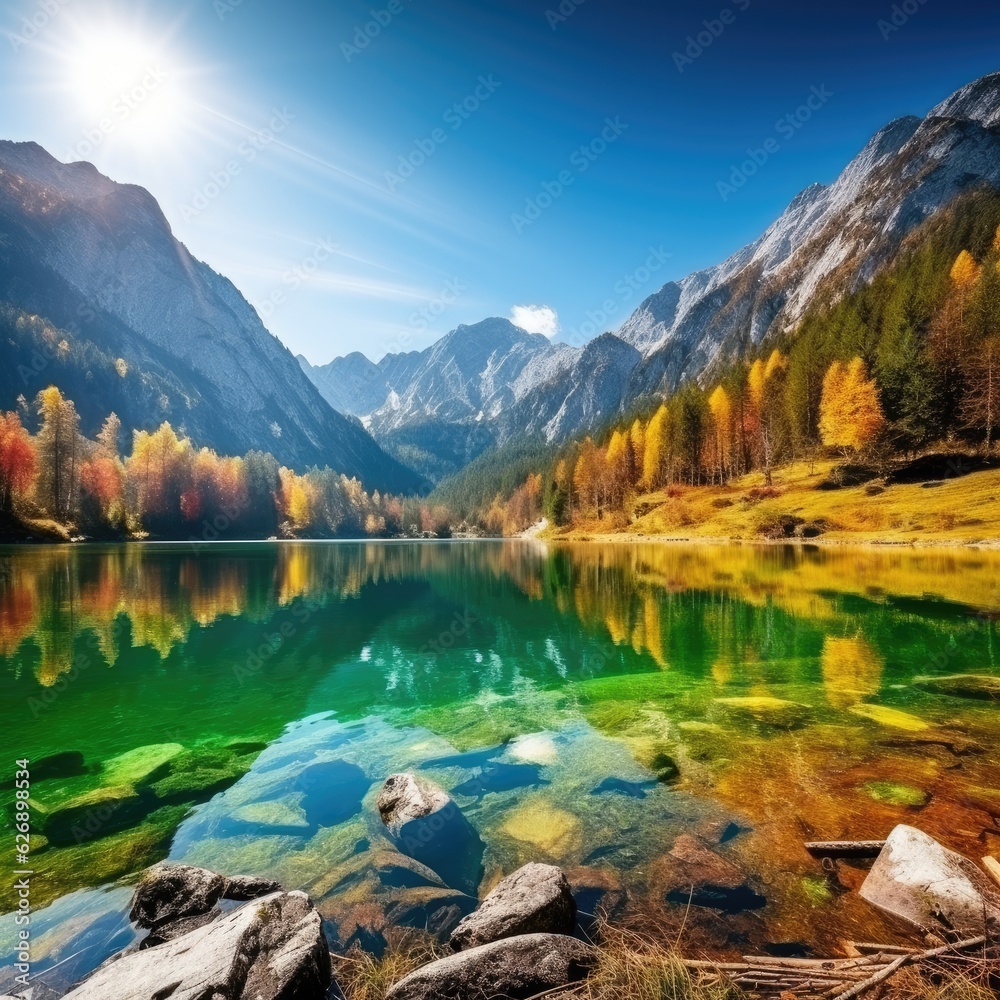 Beautiful autumn scene of Hintersee lake. Colorful morning view of Bavarian Alps.