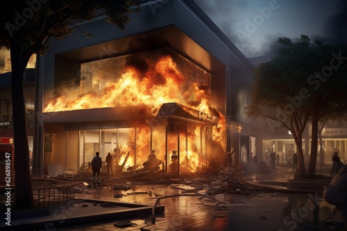Fire in a shopping center. Beautiful illustration picture. Generative AI
