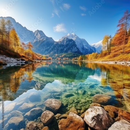 Beautiful autumn scene of Hintersee lake. Colorful morning view of Bavarian Alps.