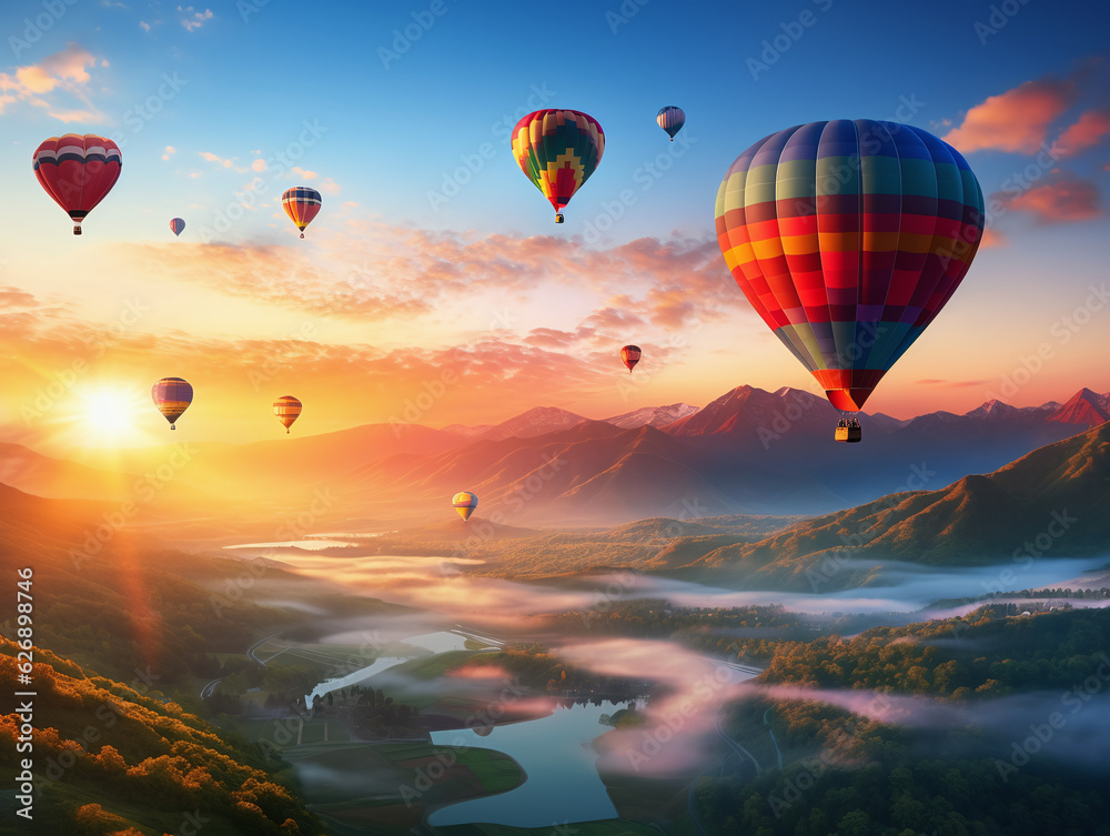 A colorful hot air balloon festival at sunrise, with balloons soaring above a stunning landscape