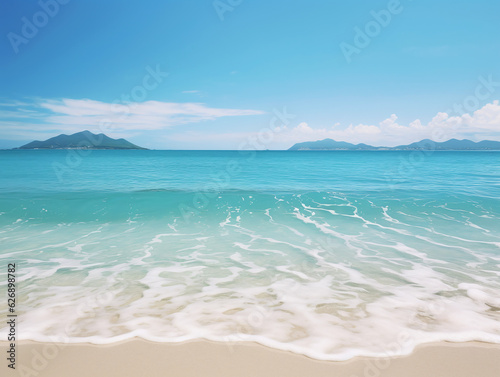 A serene and deserted sandy beach, with crystal-clear waters gently lapping against the shore