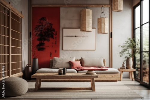 Japandi living room with white and red with plaster wall decoration. Minimalist macrame wall art and a cloth sofa. Wabi sabi interior design. Generative AI
