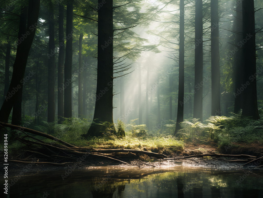A dense and mystical forest, with rays of sunlight filtering through the tall trees