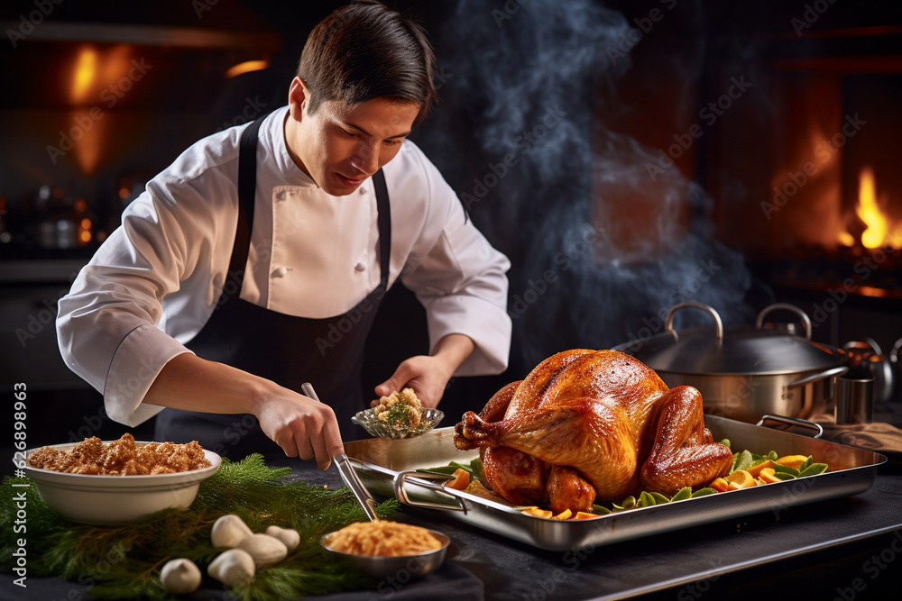 A chef, from behin standing in front of a large roasting pan, expertly basting a turkey with butter and herbs, with various sides and garnishes on a nearby counter. Generative AI