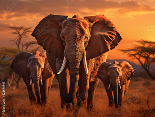 A group of majestic elephants grazing peacefully in the golden savanna under the setting sun © Matsuo Studio