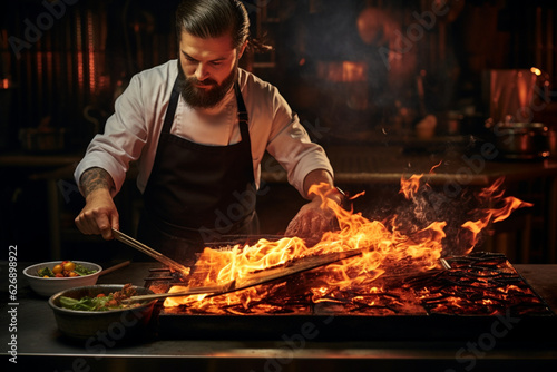 A chef, from behin standing in front of a roaring flame, expertly searing a piece of fish on a hot pan, with various spices and herbs on a nearby rack. Generative AI